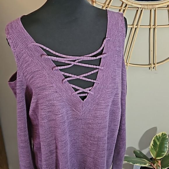 Express Purple Lace Front Cold Shoulder Knit Long Sleeve Sweater Sz L - Picture 3 of 9